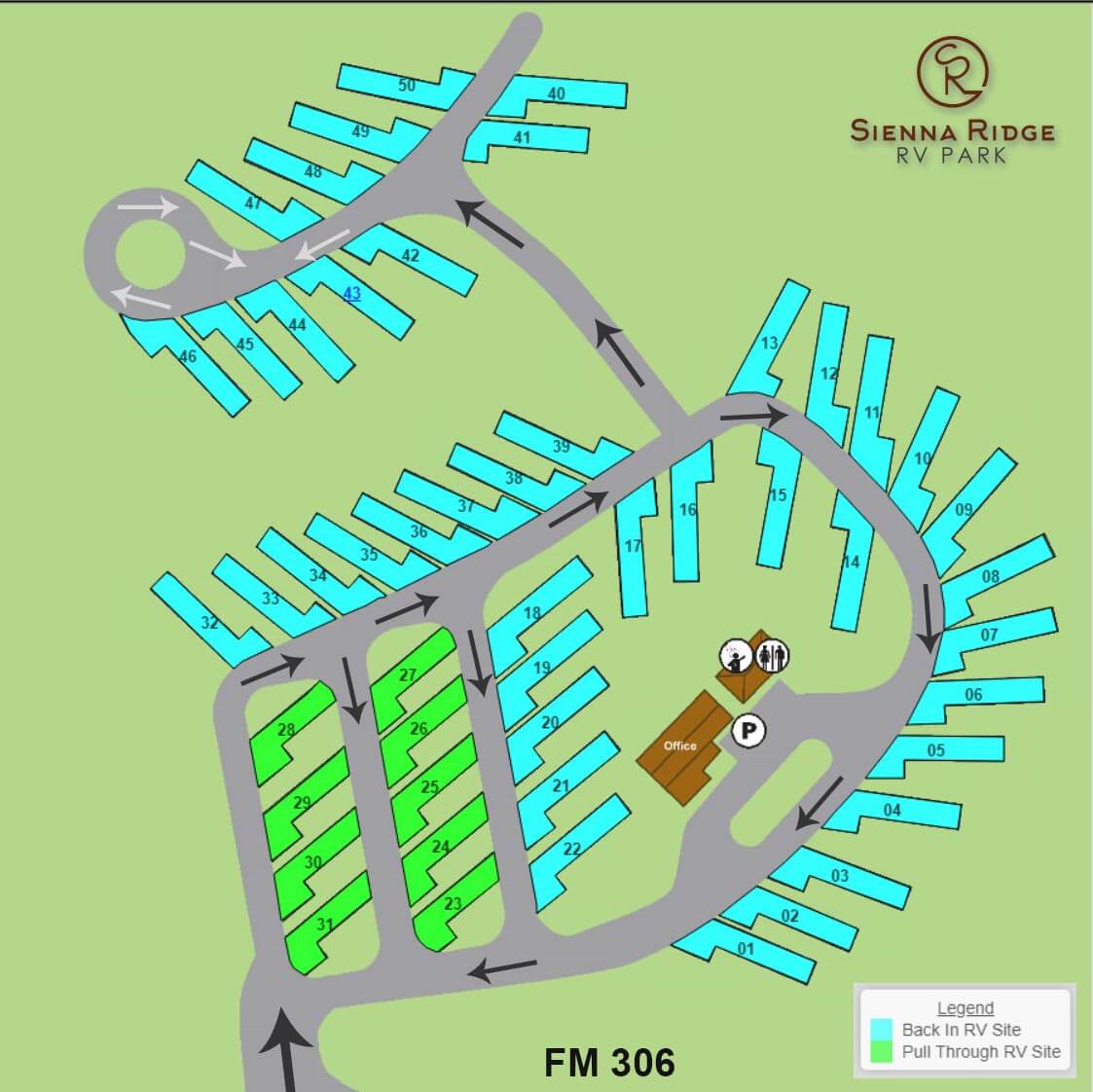 The Campground Map for Sienna Ridge RV Park located off FM 306 at Canyon Lake. Come see our natural settings for your travel plans.